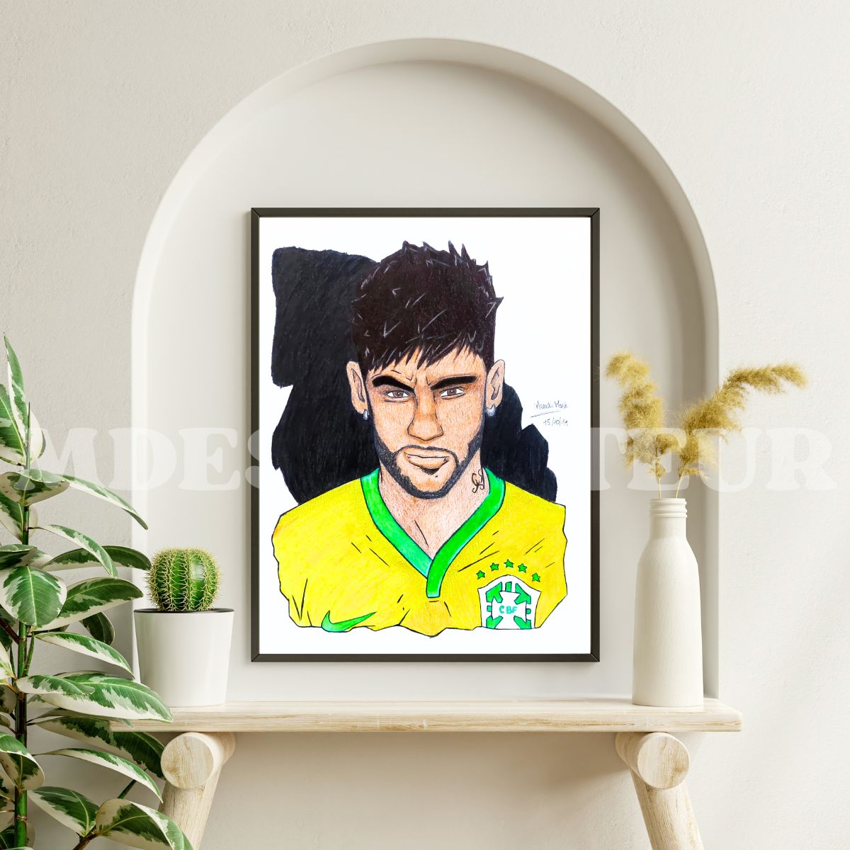 Portrait Neymar JR en maillot du Brésil, dessin fait main aux crayons de couleur – format A4.