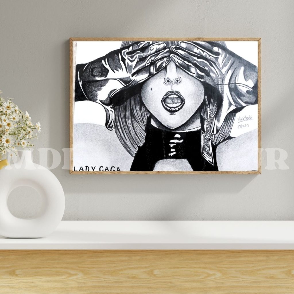 Portrait Lady Gaga fait main au crayon – dessin artistique format A4