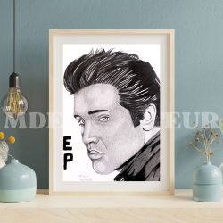 Portrait Elvis Presley fait main – Dessin réaliste au crayon format A4