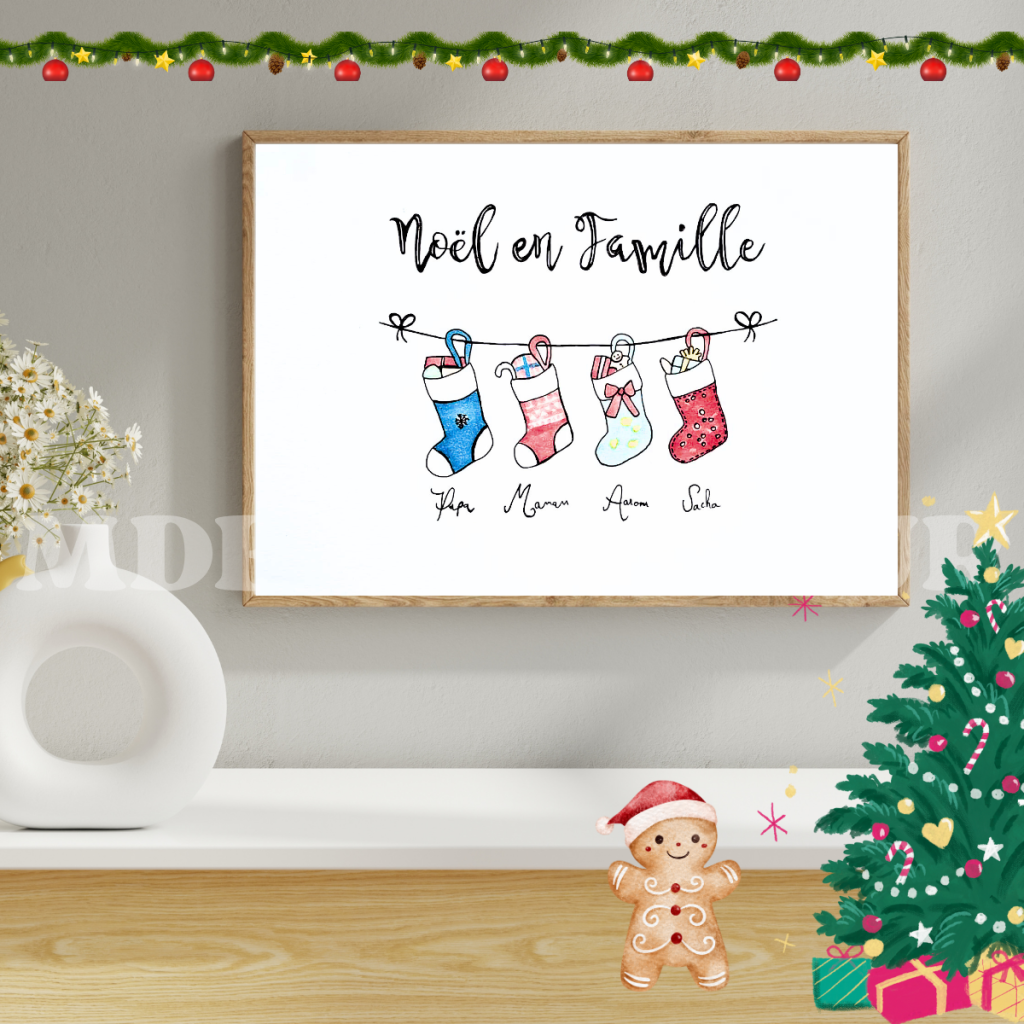 Affiche de Noël personnalisée avec chaussettes et boules – décoration familiale unique
